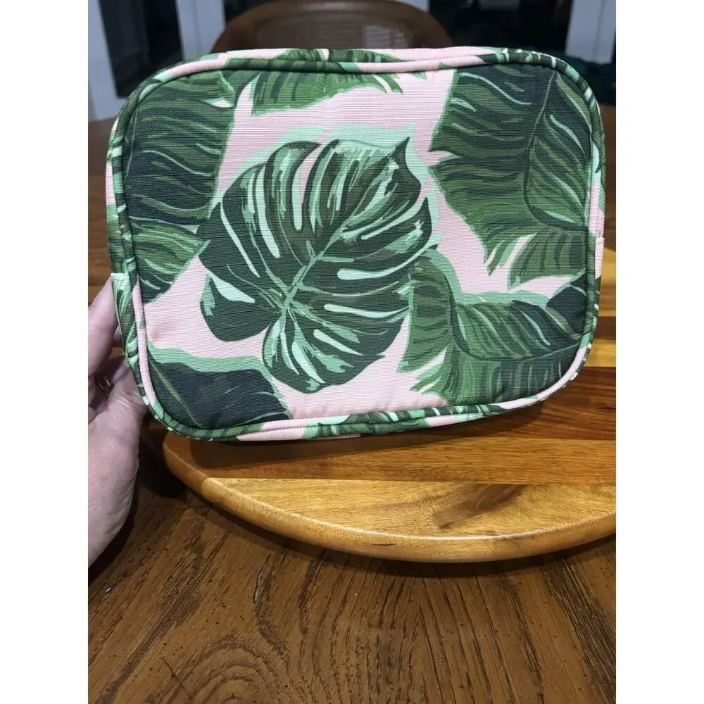 Sophia Joy Fabric Tropical Leaf Print Double Zip Makeup Bag, Green/Pink